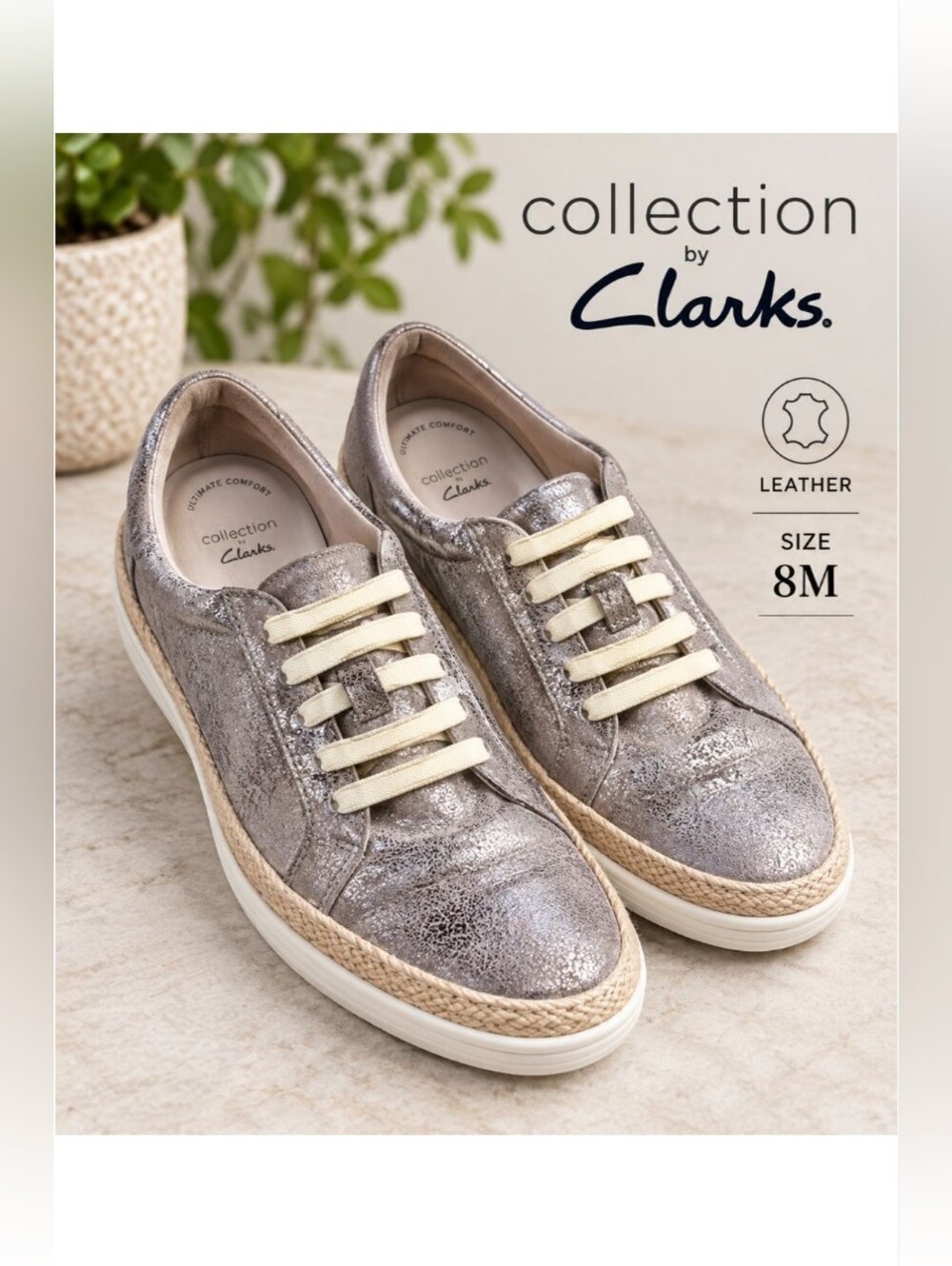 Collection By Clarks Leather Shimmering Pewter Sneakers, Size 8M